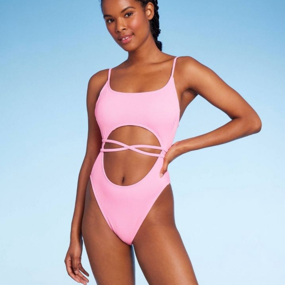wild fable Pink Ribbed Cutout One-Piece Swimsuit
